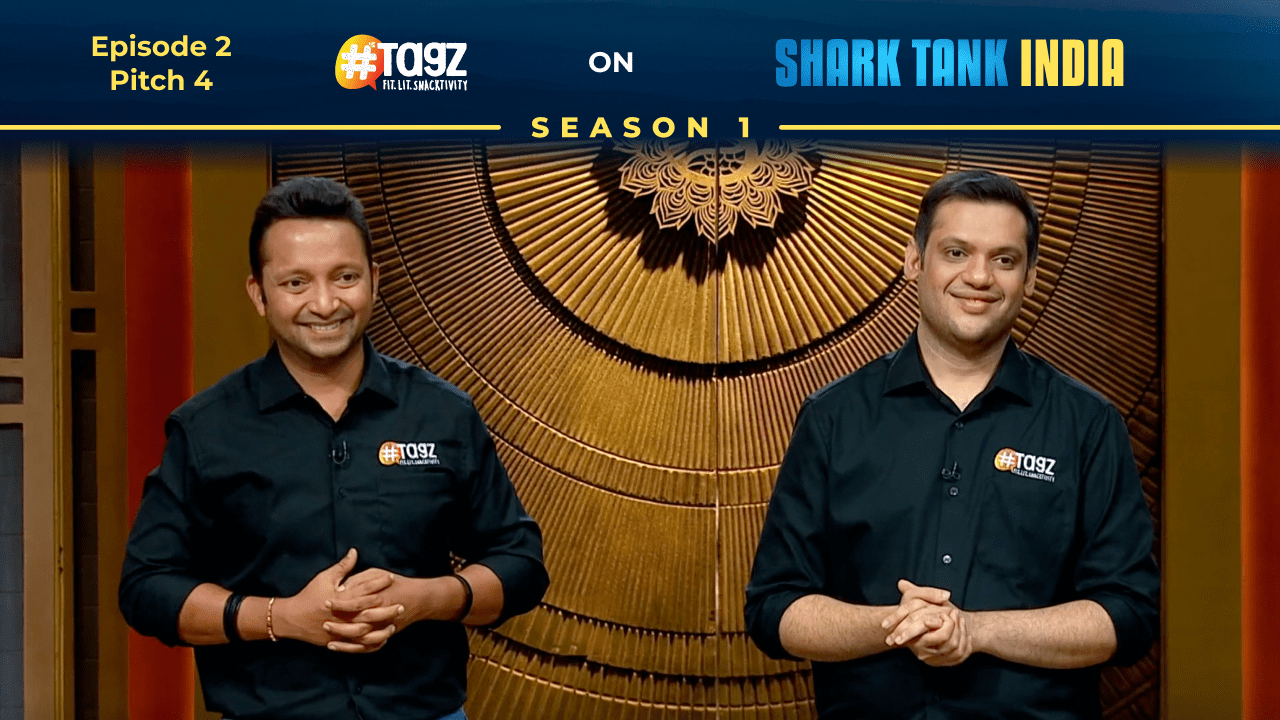 "Founders Anish Basu Roy and Utsav Agarwal presenting TagZ Foods on Shark Tank India."