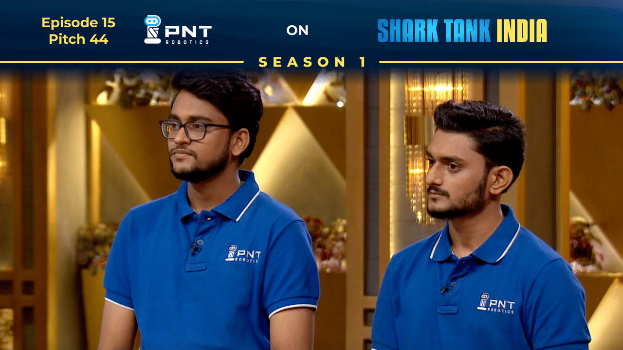 PNT Robotics founders Pratik Tirodkar and Ashish Patil presenting their AI-powered robots on Shark Tank India.