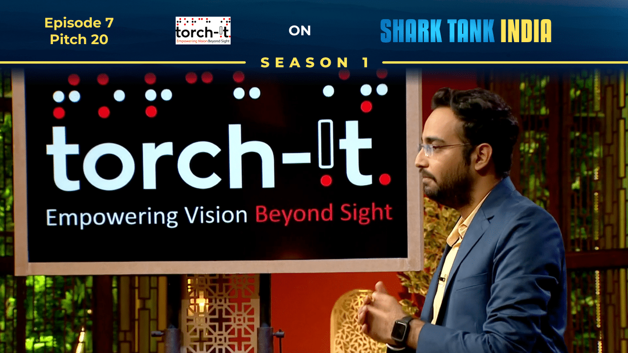 Hunny Bhagchandani presenting Saarthi, an assistive device for the visually impaired, on Shark Tank India.