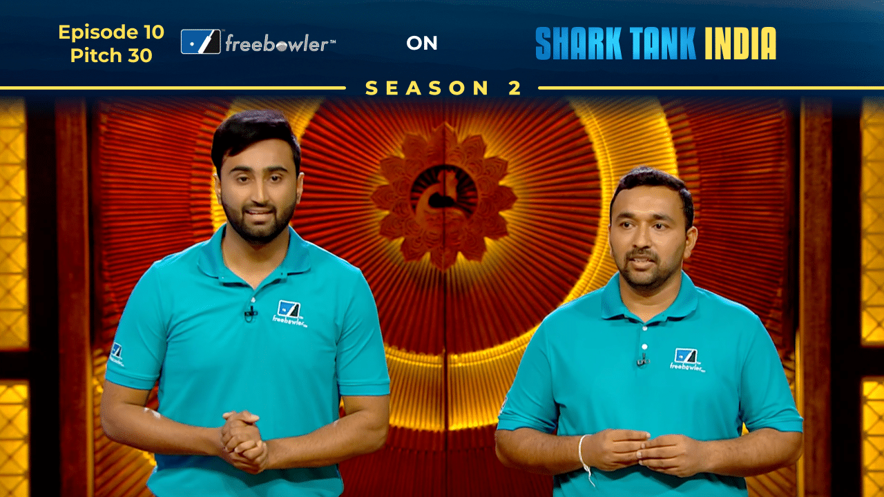 Freebowler founders Pratheek Palanethra & Vishwanath HK presenting their bowling machine on Shark Tank India.