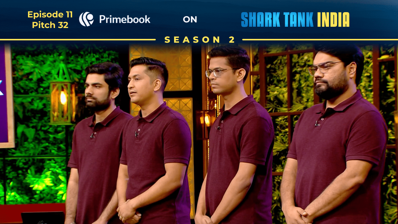 Primebook founders Chitranshu Mahant & Aman Verma presenting their Android laptop on Shark Tank India.