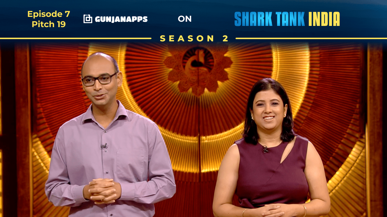 Founders Sourav Gupta and Gunjan Gupta pitching on Shark Tank India.