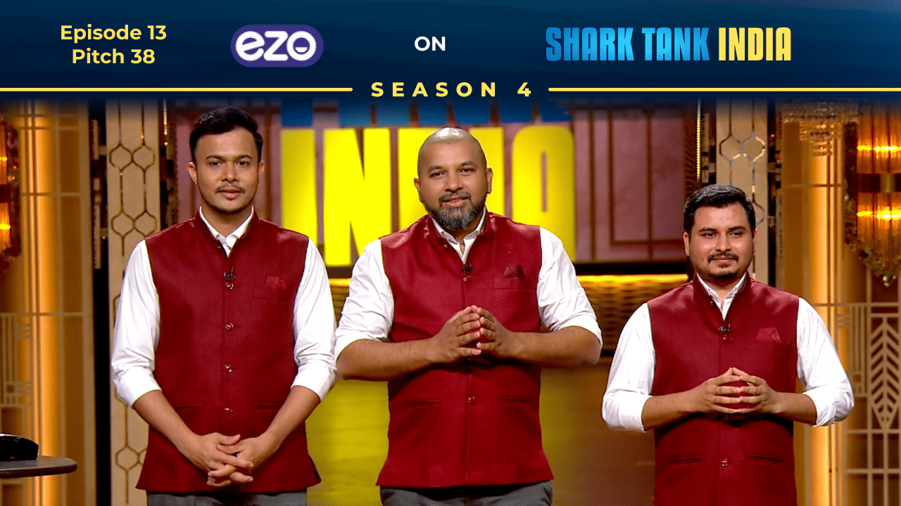 EZO founders Gaurav Kumar Kate, Rishikesh Sakarkar, and Makarand Kate pitching on Shark Tank India.