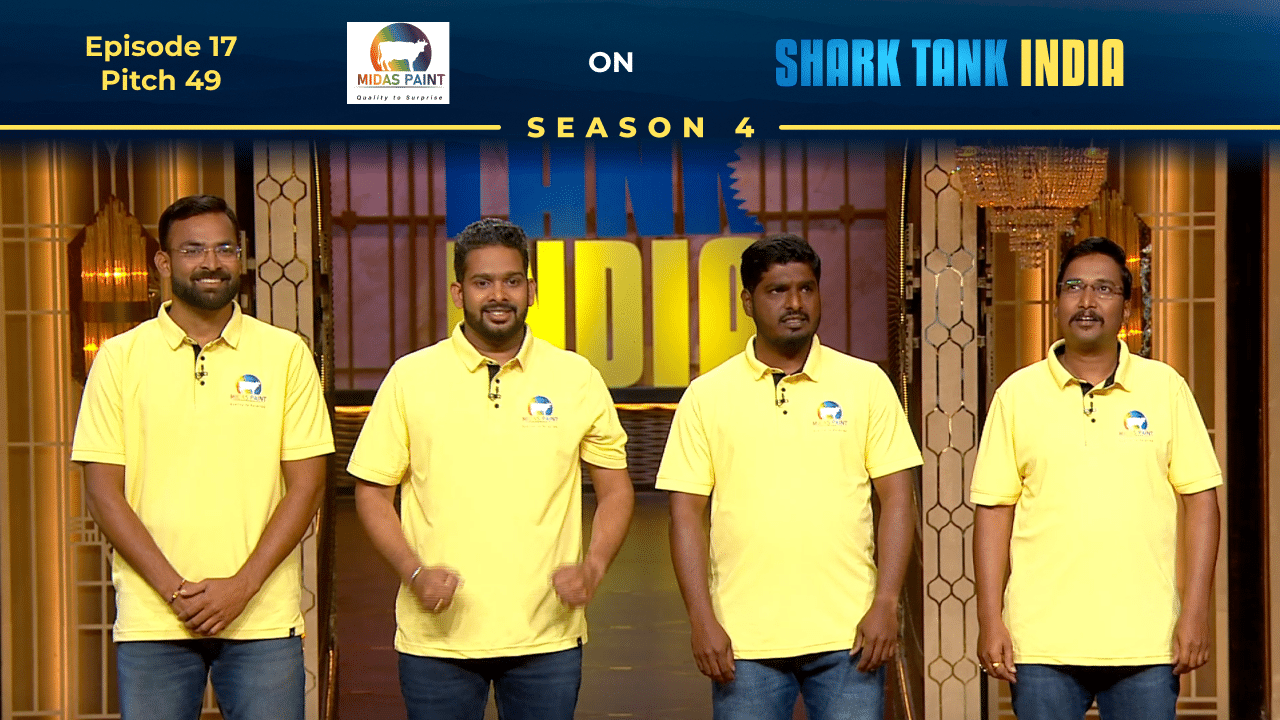 Midas Paints founders Mayur Rajput, Akshay Langore, and Sachin Kadam pitching on Shark Tank India Season 4.