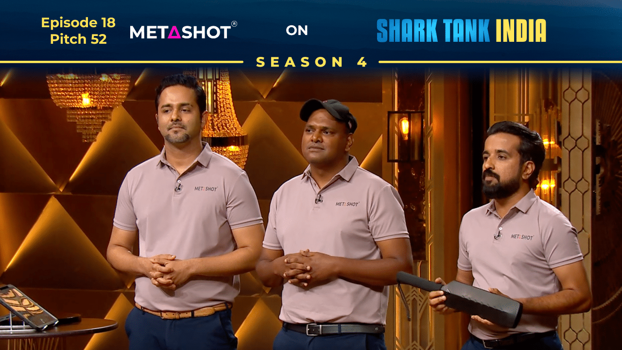 MetaShot founders Prince Jacob, Ranjith Behera, and Ajith Sunny pitching their smart cricket bat on Shark Tank India.