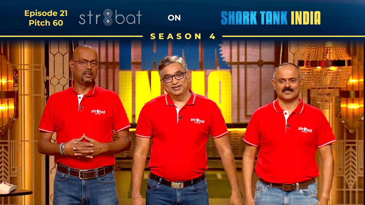 Founders Madhusudan Ranganathan, Gagan Daga, and Rahul Nagar pitching Str8bat on Shark Tank India Season 4.