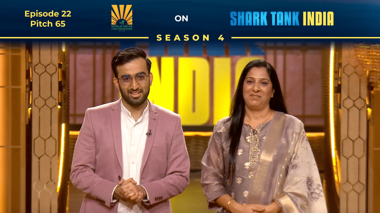 Varun & Babita Raheja presenting Raheja Solar Food Processing on Shark Tank India Season 4.