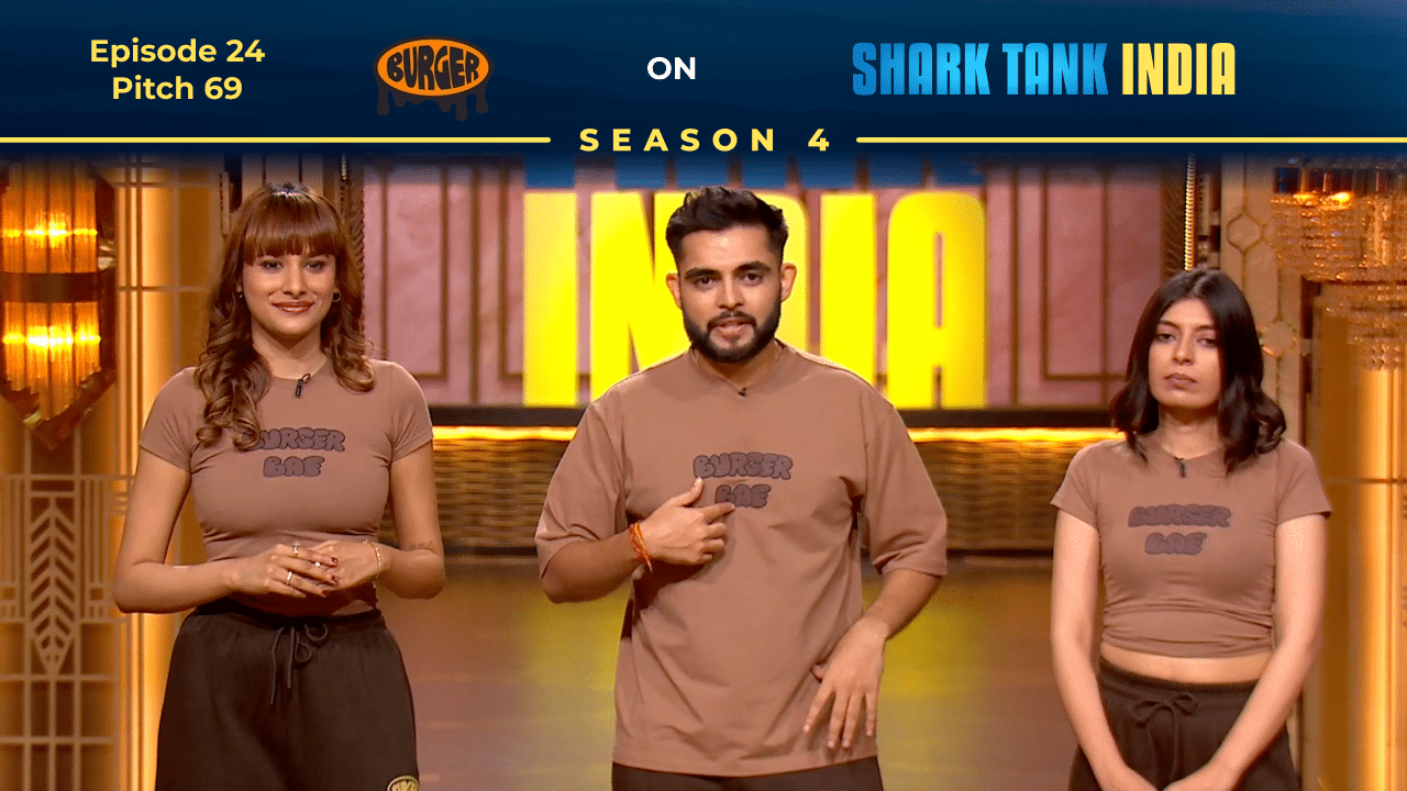 BurgerBae founders Rohan Kashyap, Janvi Sikaria, and Ojasvee Kashyap presenting at Shark Tank India.