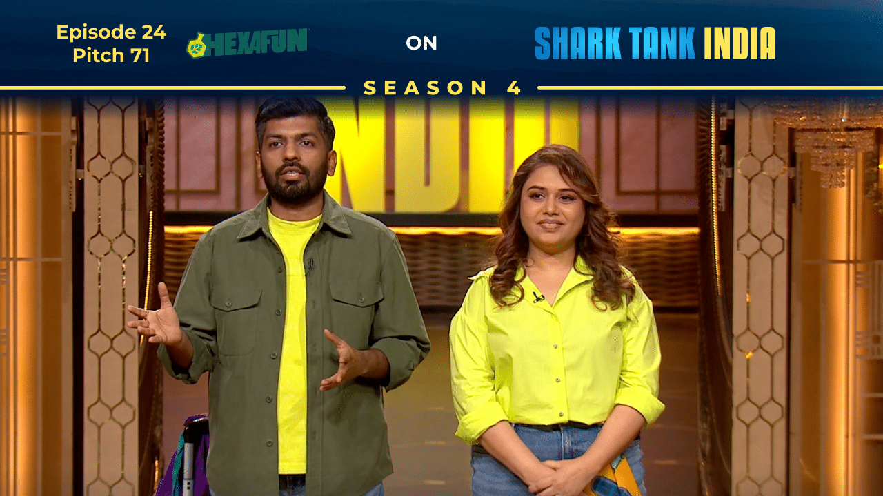 Hexafun founders Harshit Singhal & Manali Sanghvi presenting on Shark Tank India Season 4.