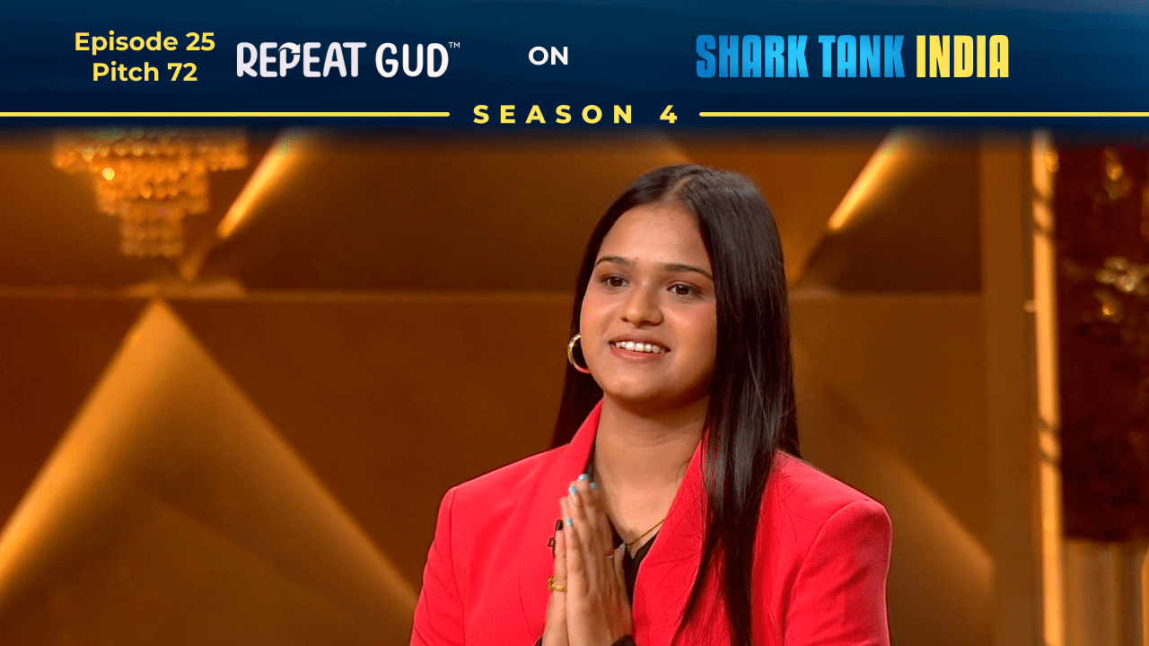 Founder Isha Jhawar presenting Repeag Gud on Shark Tank India Season 4.