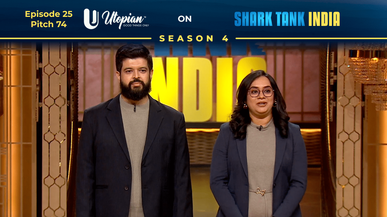 Founders Abhishek & Shweta Sarwate presenting Utopian on Shark Tank India Season 4.