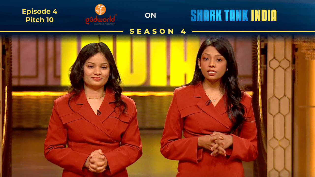 GudWorld founders presenting their eco-friendly jaggery packaging on Shark Tank India.