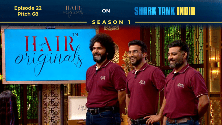 Hair Originals founders Piyush Washwani, Jitendra Sharma, and Ashish Tiwari presenting on Shark Tank India