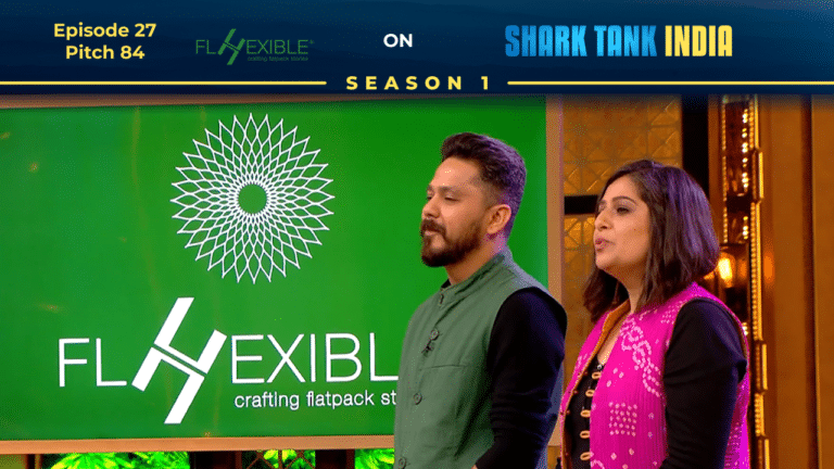 Flhexible founders Abhimanyu and Shilpi pitching foldable paper furniture on Shark Tank India